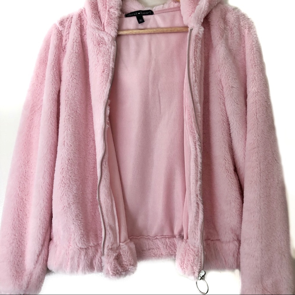 Derek Heart Fuzzy Zip -Front Pink Juniors’ Hoodie - Picture 3 of 5